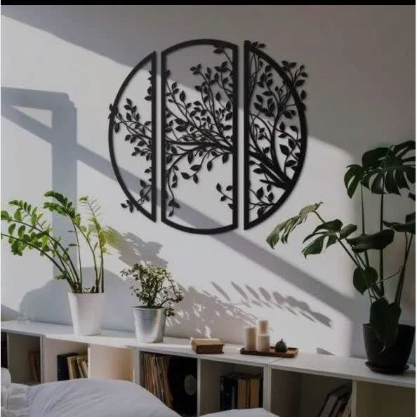 تابلو دیوارکوب مینیمال سه تیکه دایره ای مشکی درختی پس کرایه